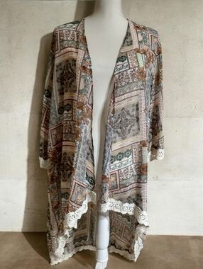Floral Patchwork Lace-Trim Kimono Cardigan